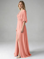 V-neck Slit Ruched Mother Dress 