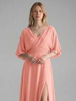 V-neck Slit Ruched Mother Dress 