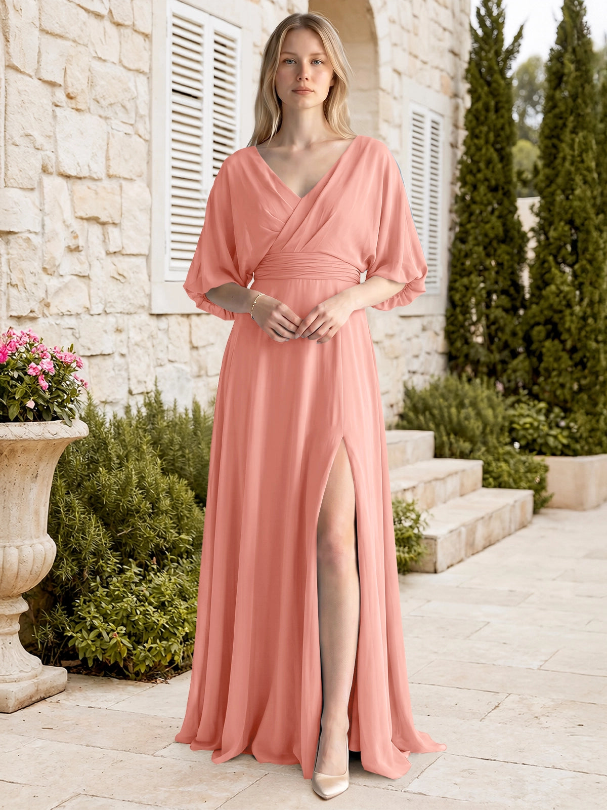 V-neck Slit Ruched Mother Dress 