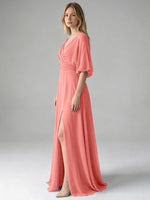 V-neck Slit Ruched Mother Dress 