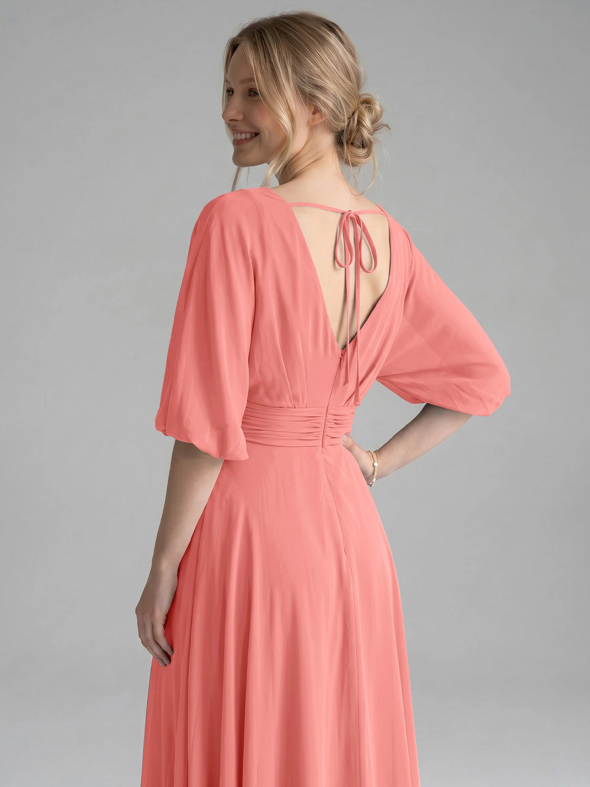 V-neck Slit Ruched Mother Dress 
