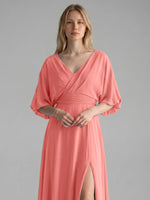 V-neck Slit Ruched Mother Dress 