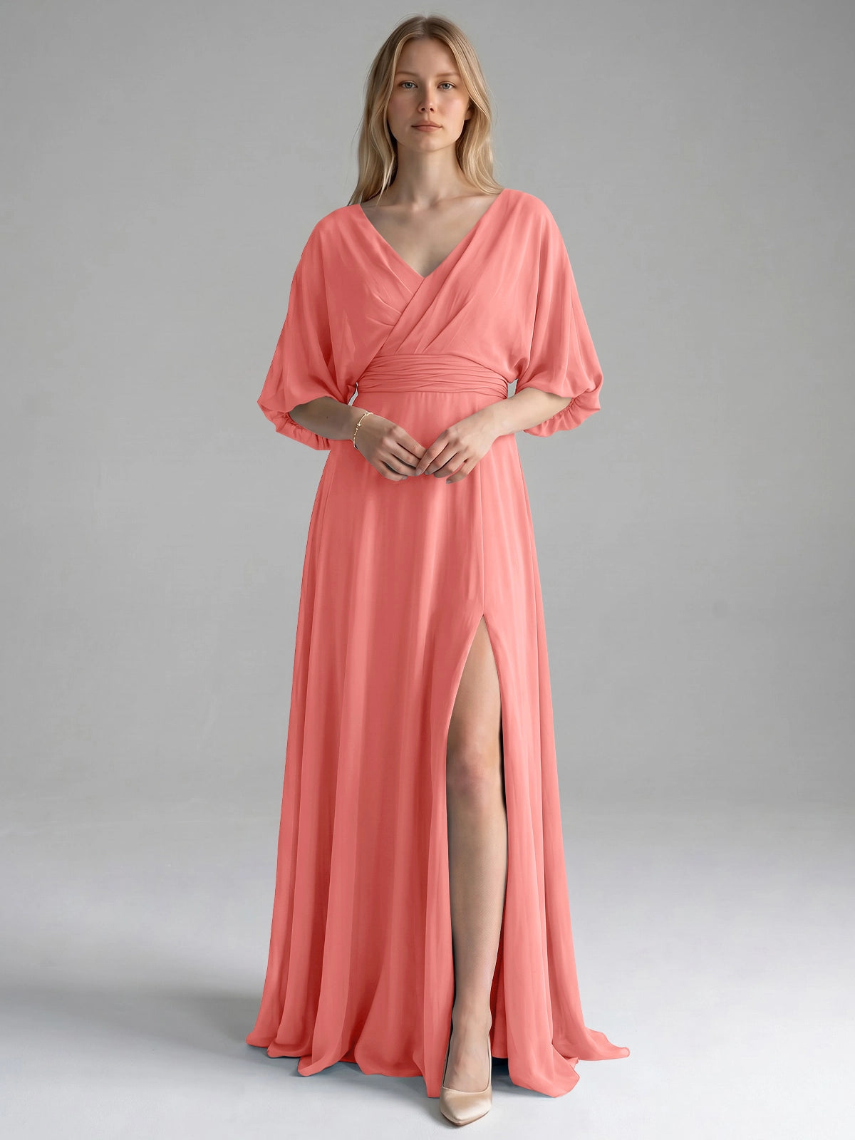 V-neck Slit Ruched Mother Dress 