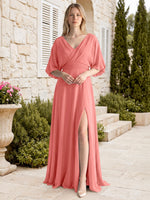 V-neck Slit Ruched Mother Dress 