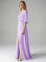 V-neck Slit Ruched Mother Dress 