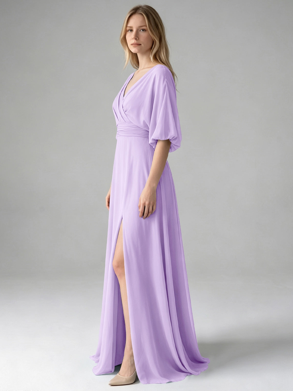 V-neck Slit Ruched Mother Dress 