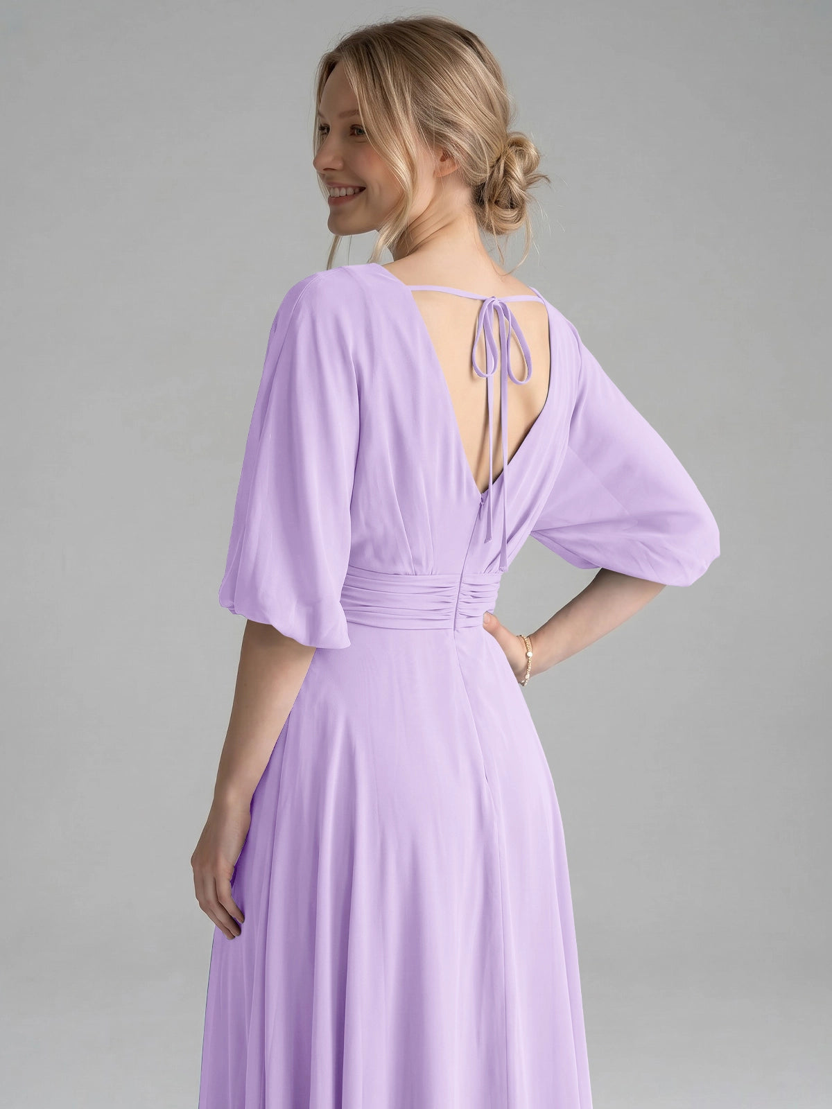 V-neck Slit Ruched Mother Dress 