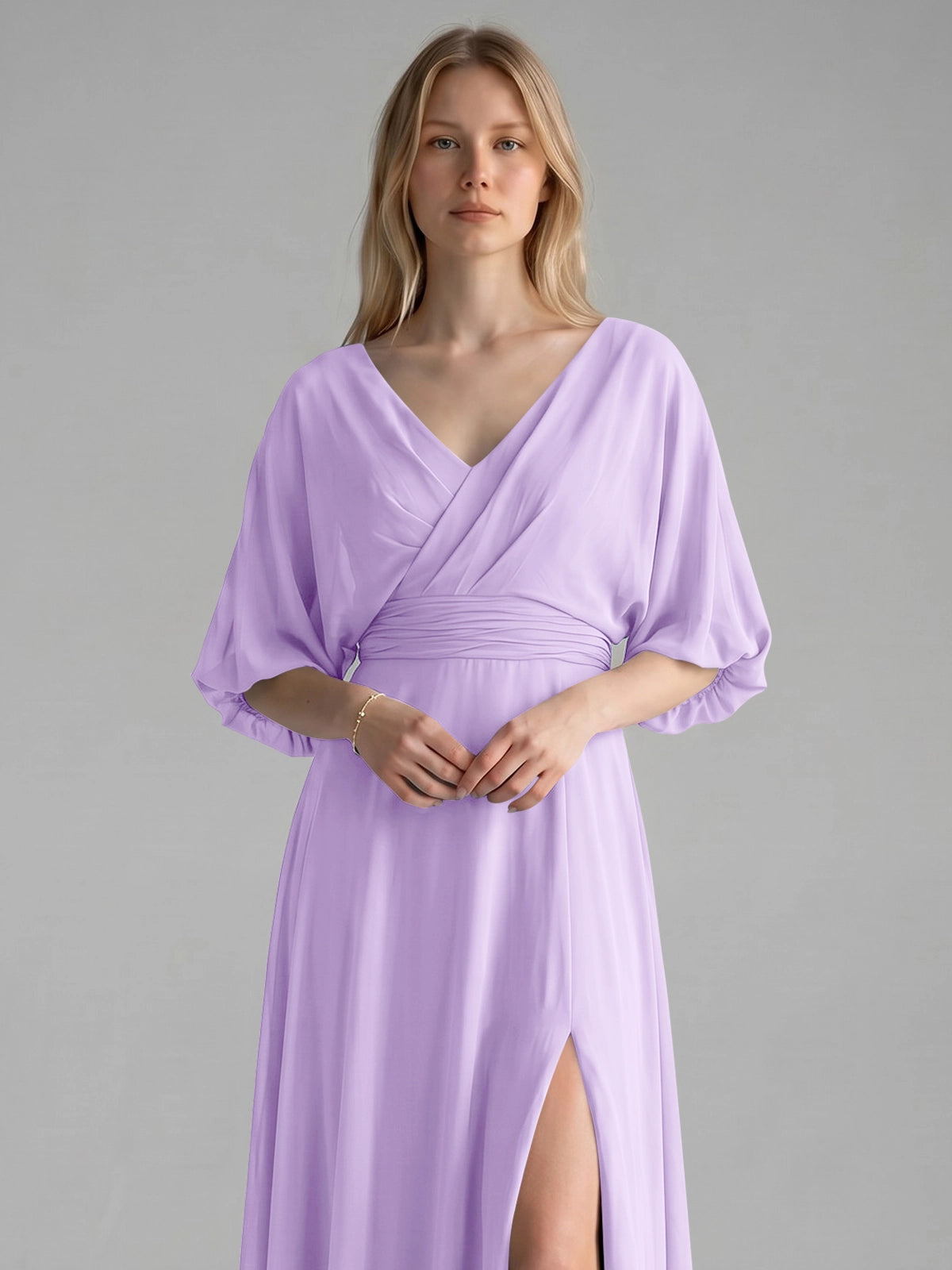 V-neck Slit Ruched Mother Dress 