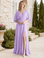 V-neck Slit Ruched Mother Dress 