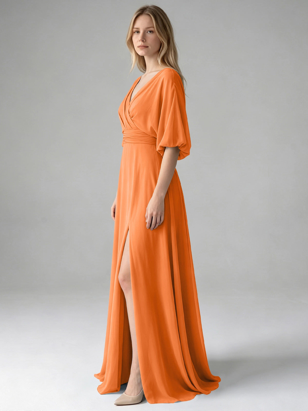 V-neck Slit Ruched Mother Dress 