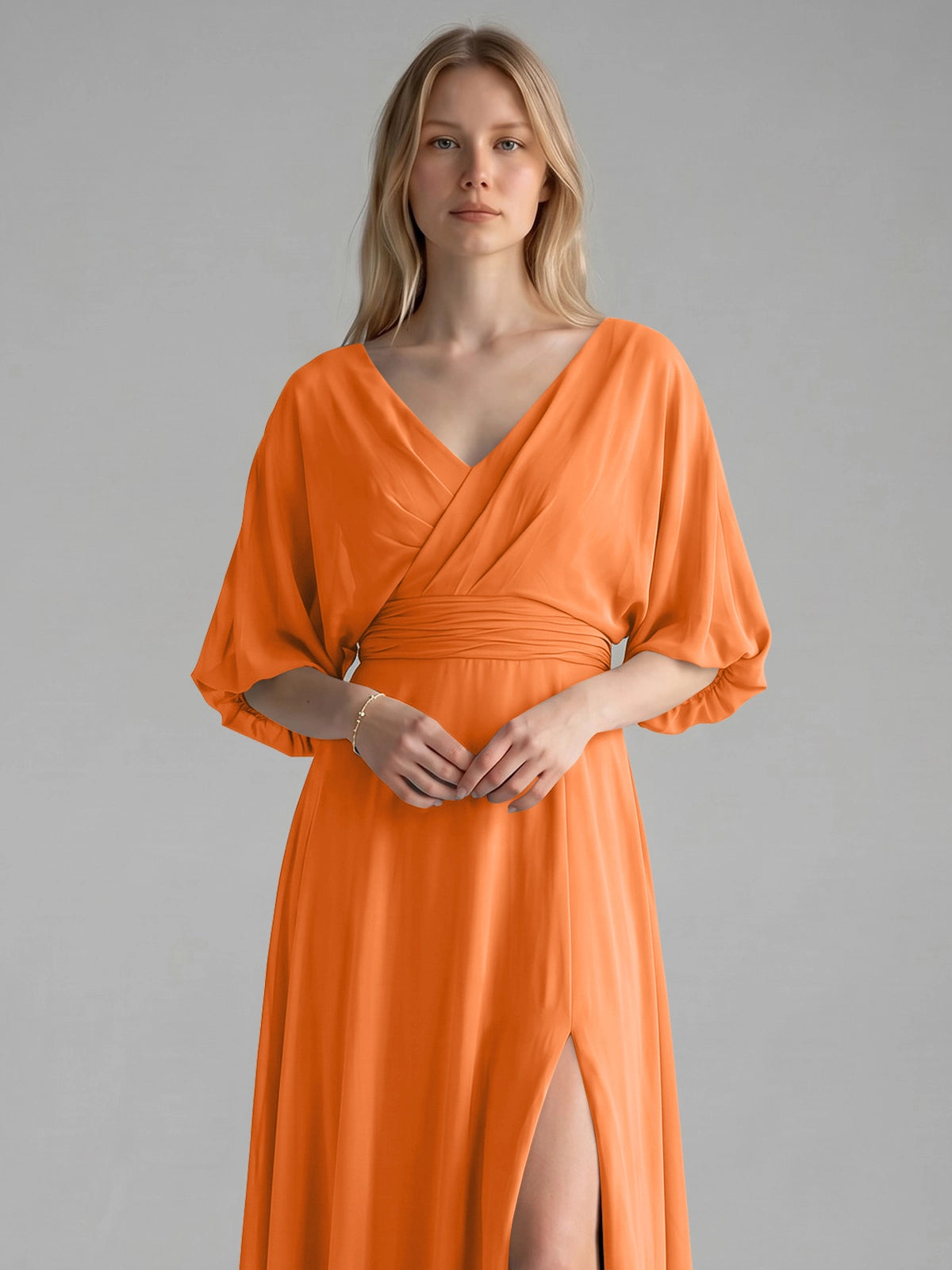 V-neck Slit Ruched Mother Dress 