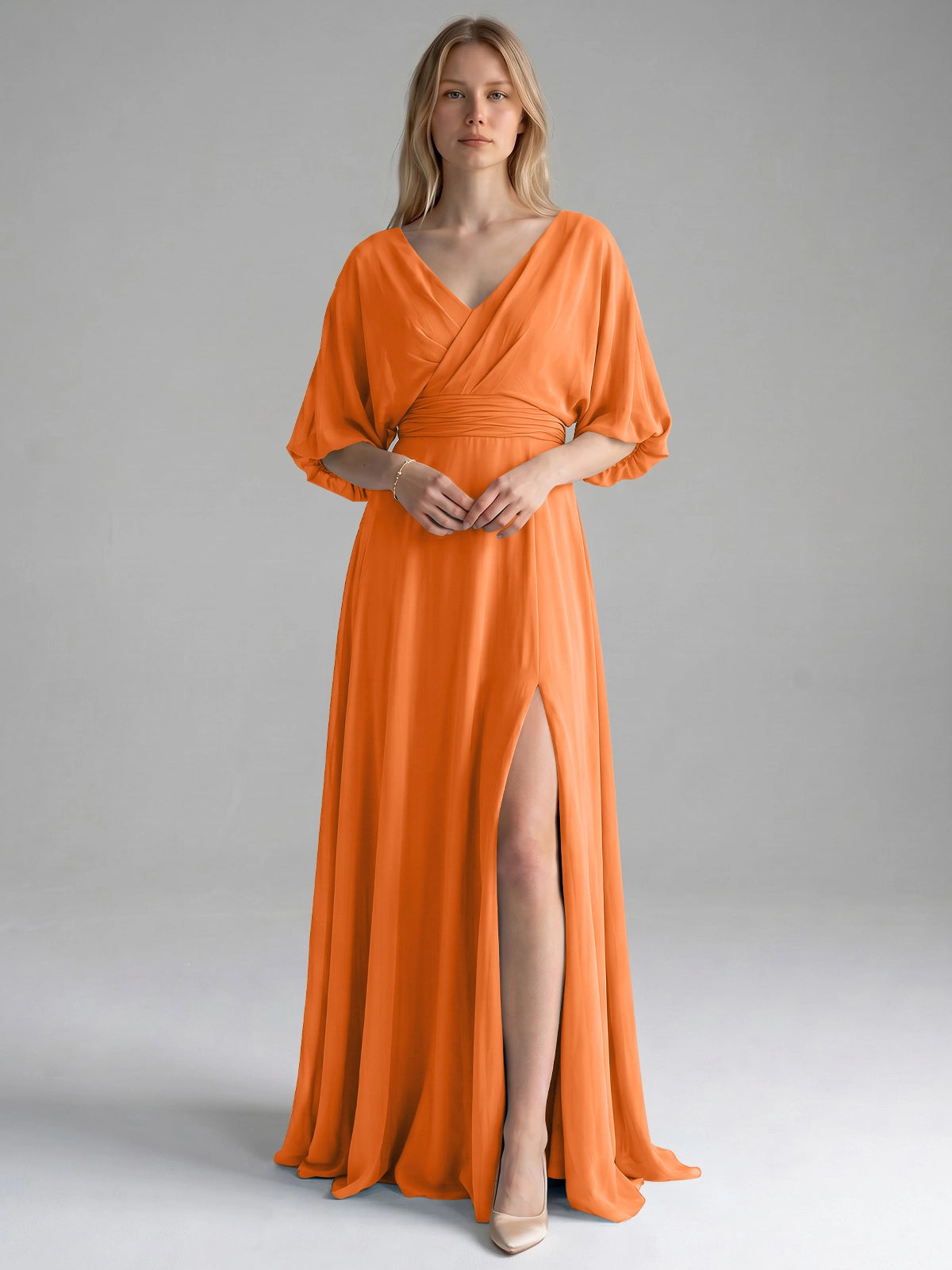 V-neck Slit Ruched Mother Dress 