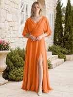 V-neck Slit Ruched Mother Dress 