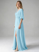 V-neck Slit Ruched Mother Dress 