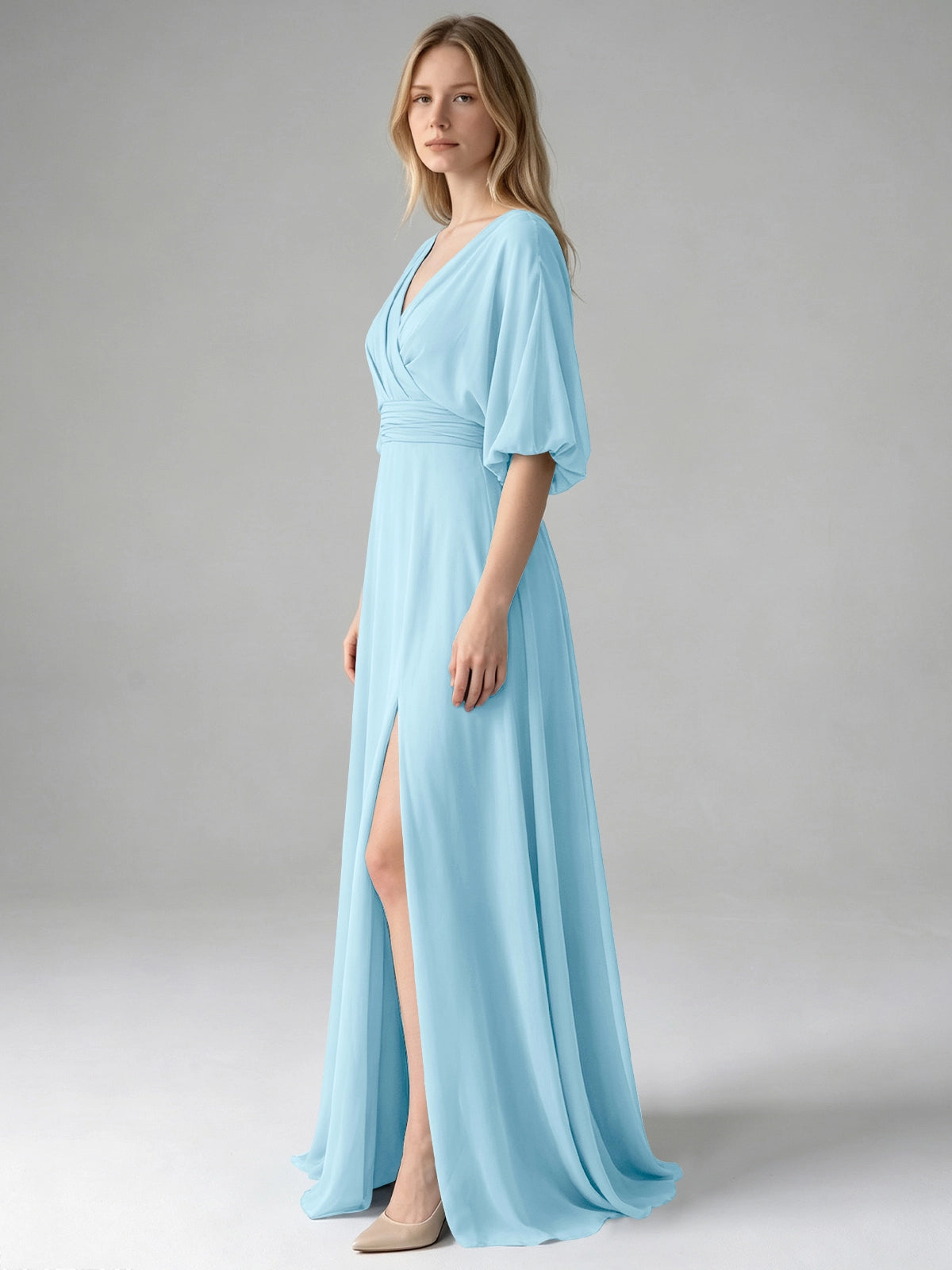 V-neck Slit Ruched Mother Dress 