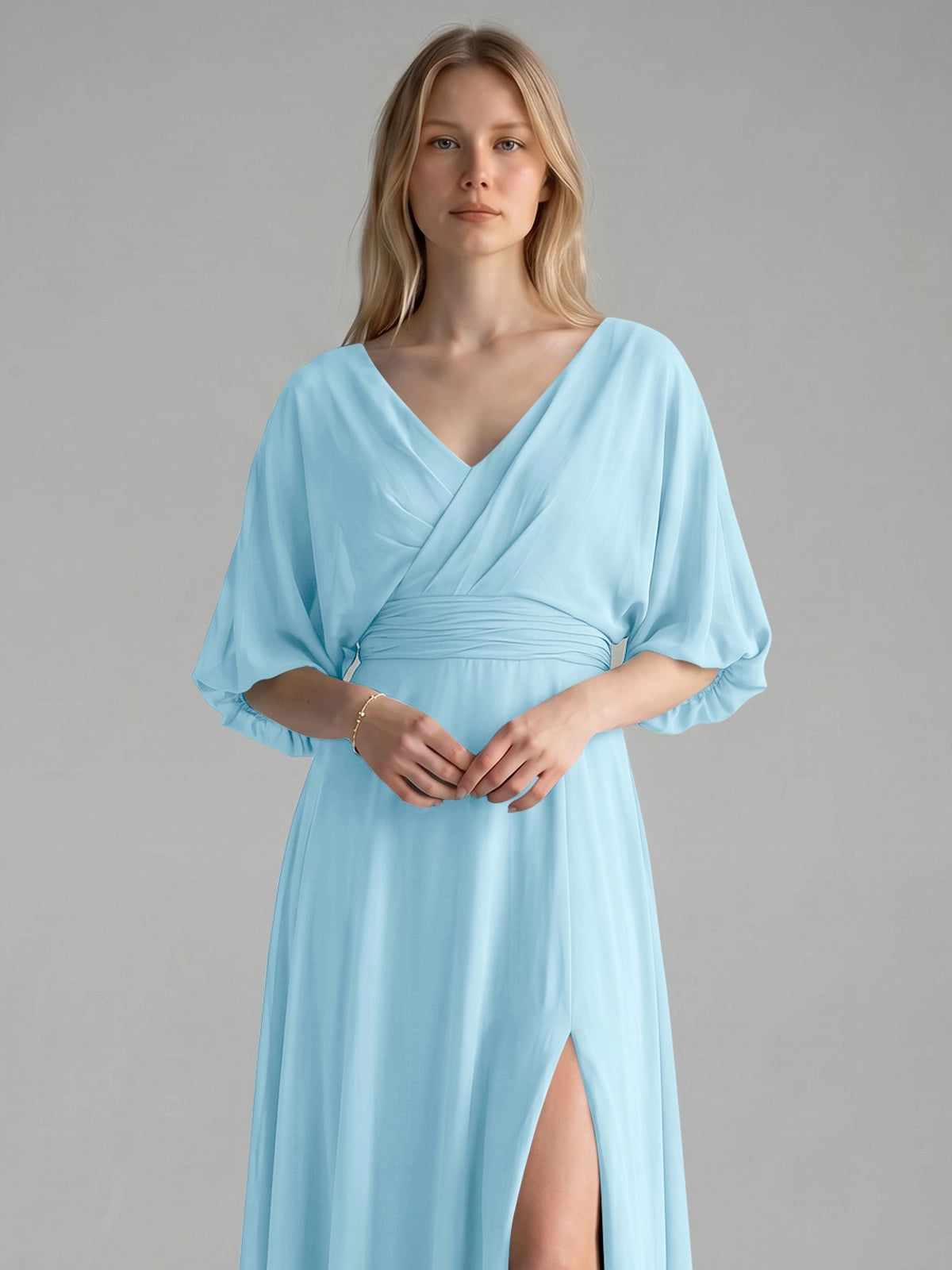 V-neck Slit Ruched Mother Dress 