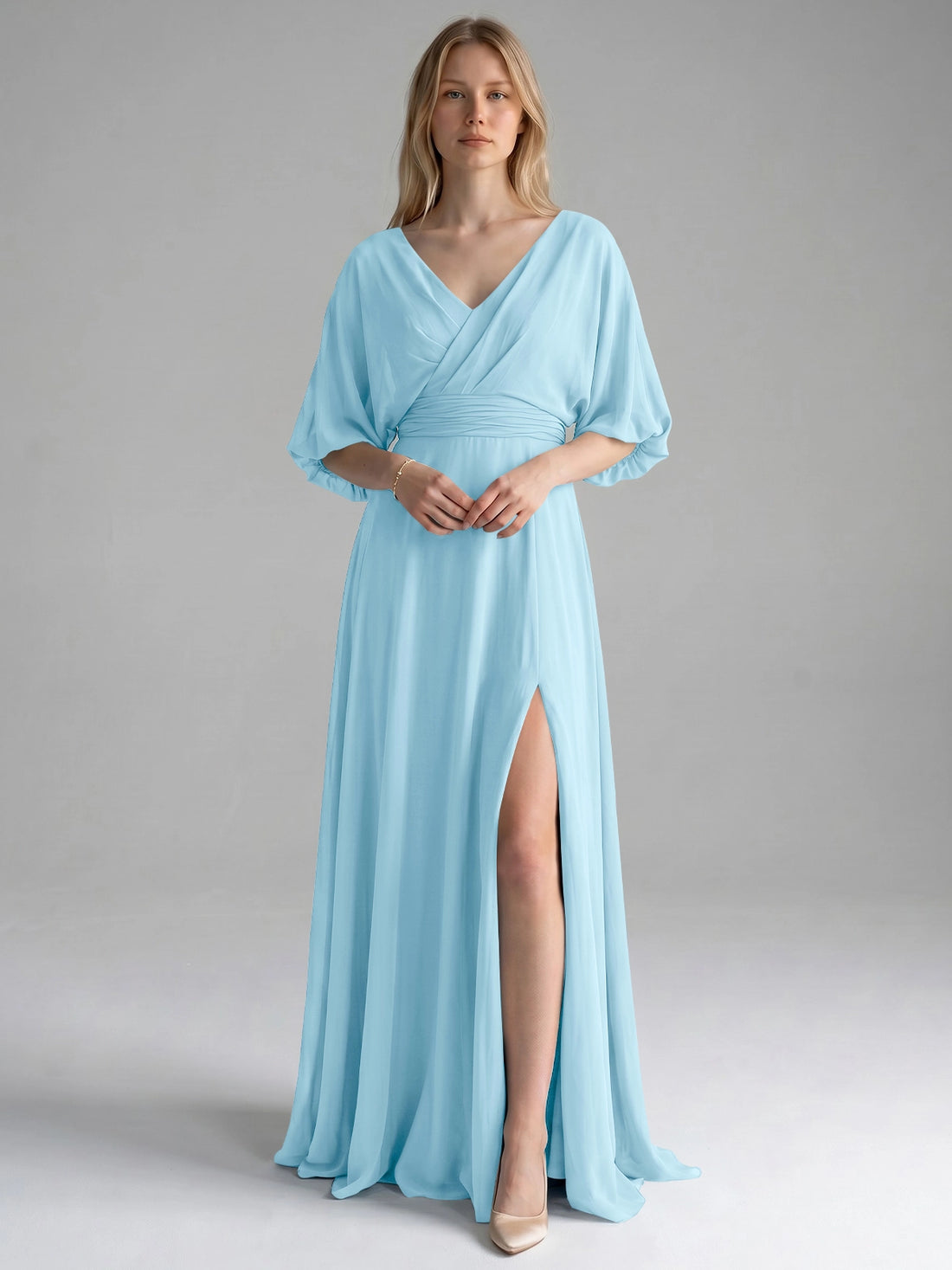 V-neck Slit Ruched Mother Dress 