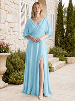 V-neck Slit Ruched Mother Dress 