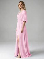 V-neck Slit Ruched Mother Dress 