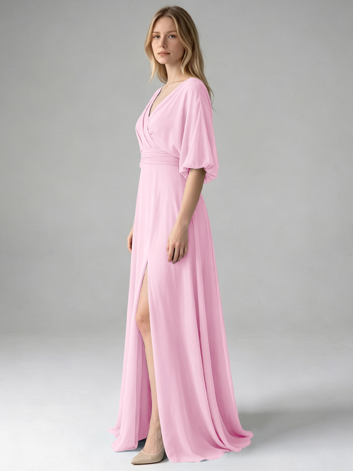 V-neck Slit Ruched Mother Dress 