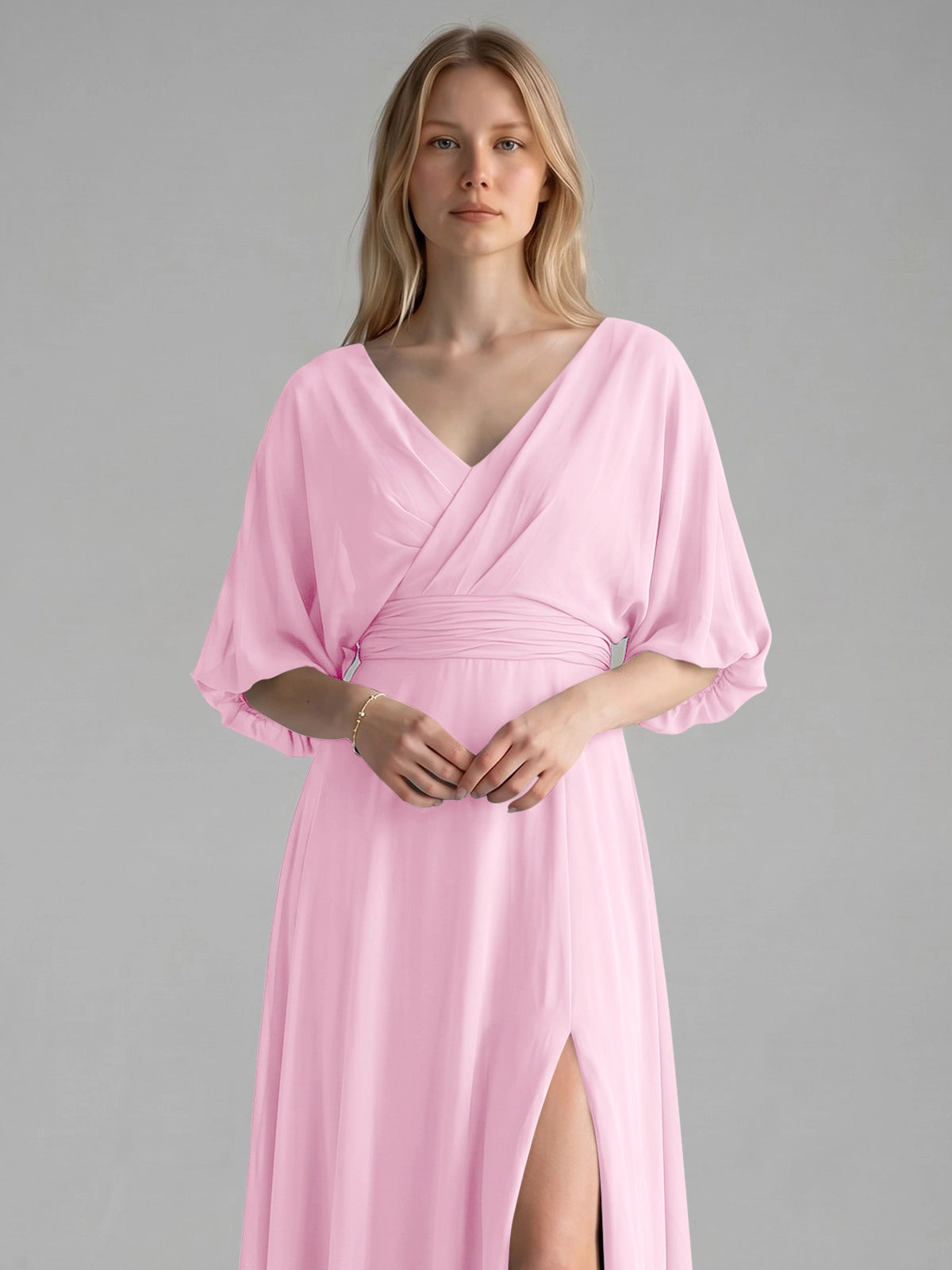 V-neck Slit Ruched Mother Dress 