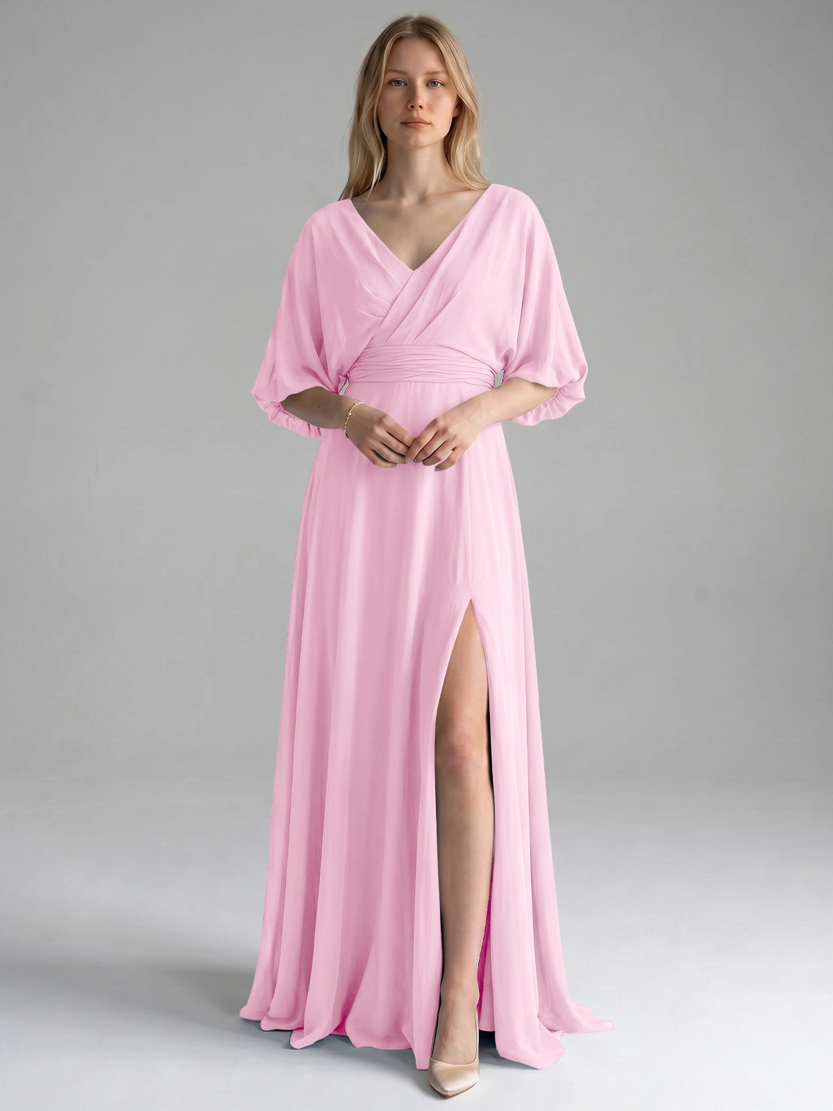 V-neck Slit Ruched Mother Dress 