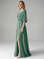 V-neck Slit Ruched Mother Dress 