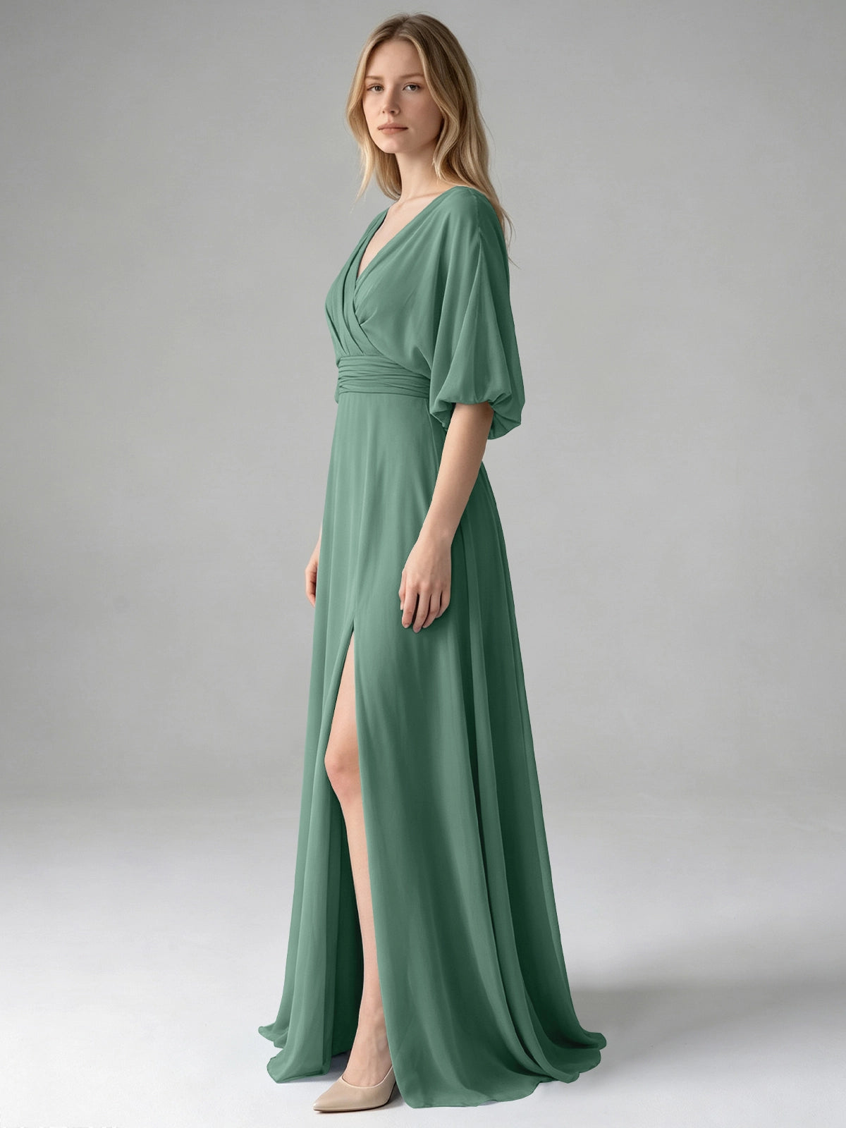 V-neck Slit Ruched Mother Dress 