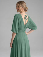 V-neck Slit Ruched Mother Dress 