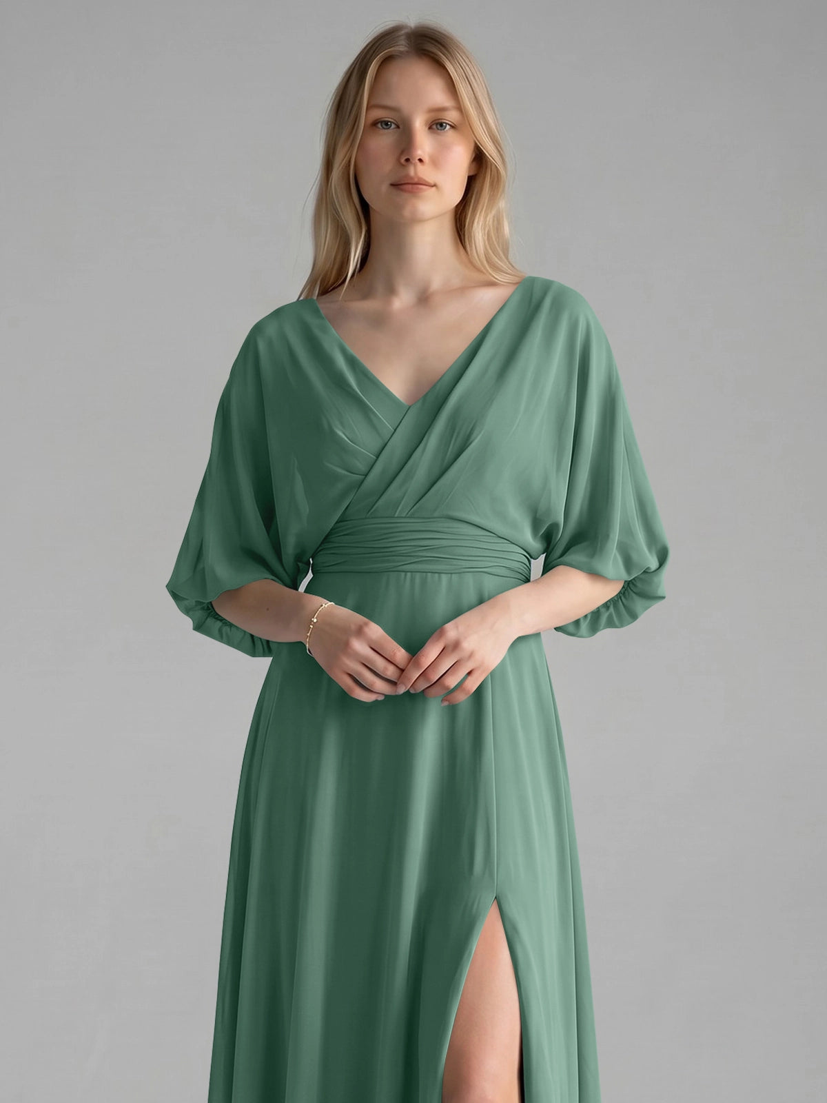 V-neck Slit Ruched Mother Dress 