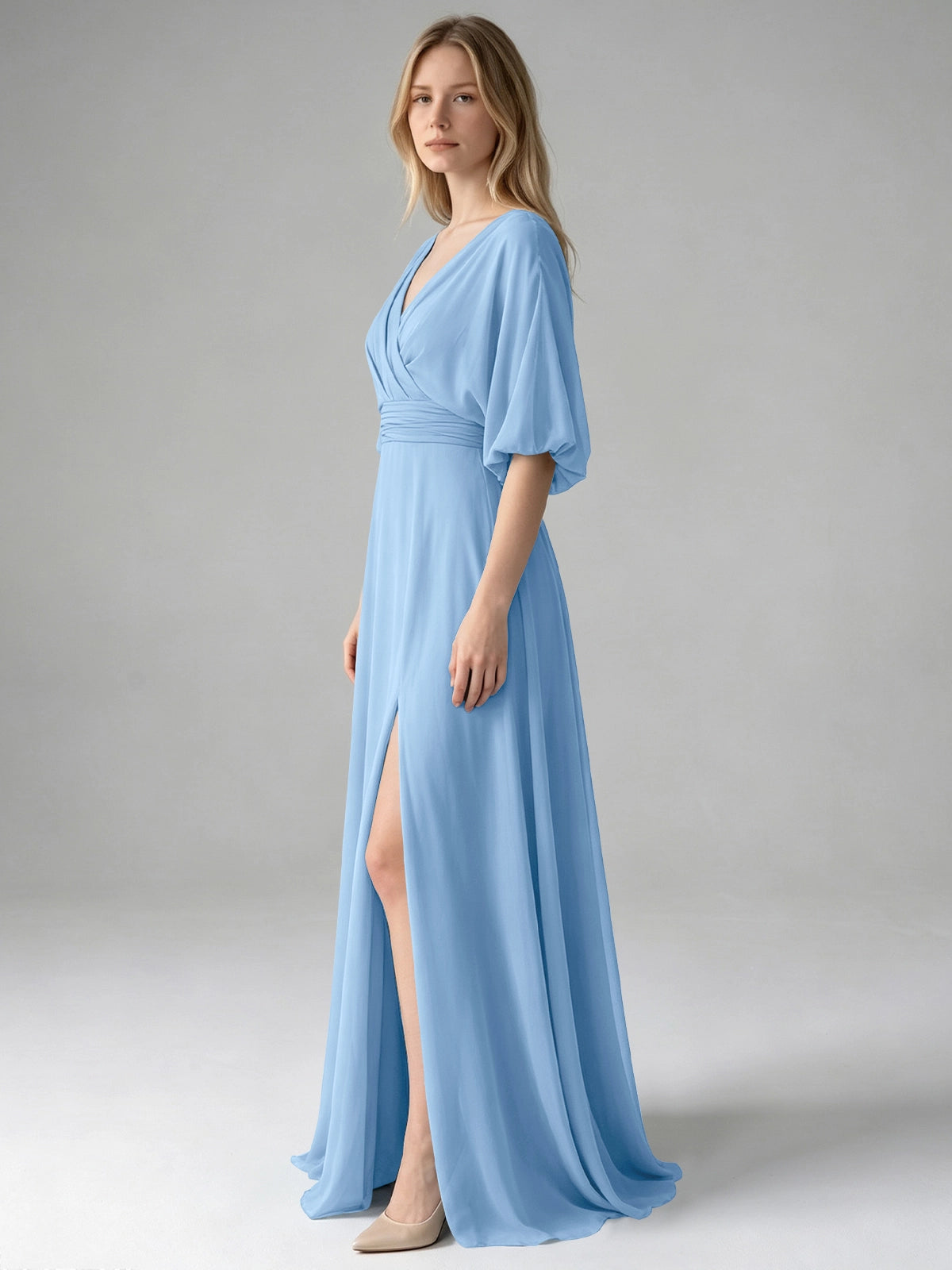 V-neck Slit Ruched Mother Dress 