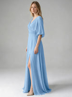 V-neck Slit Ruched Mother Dress 