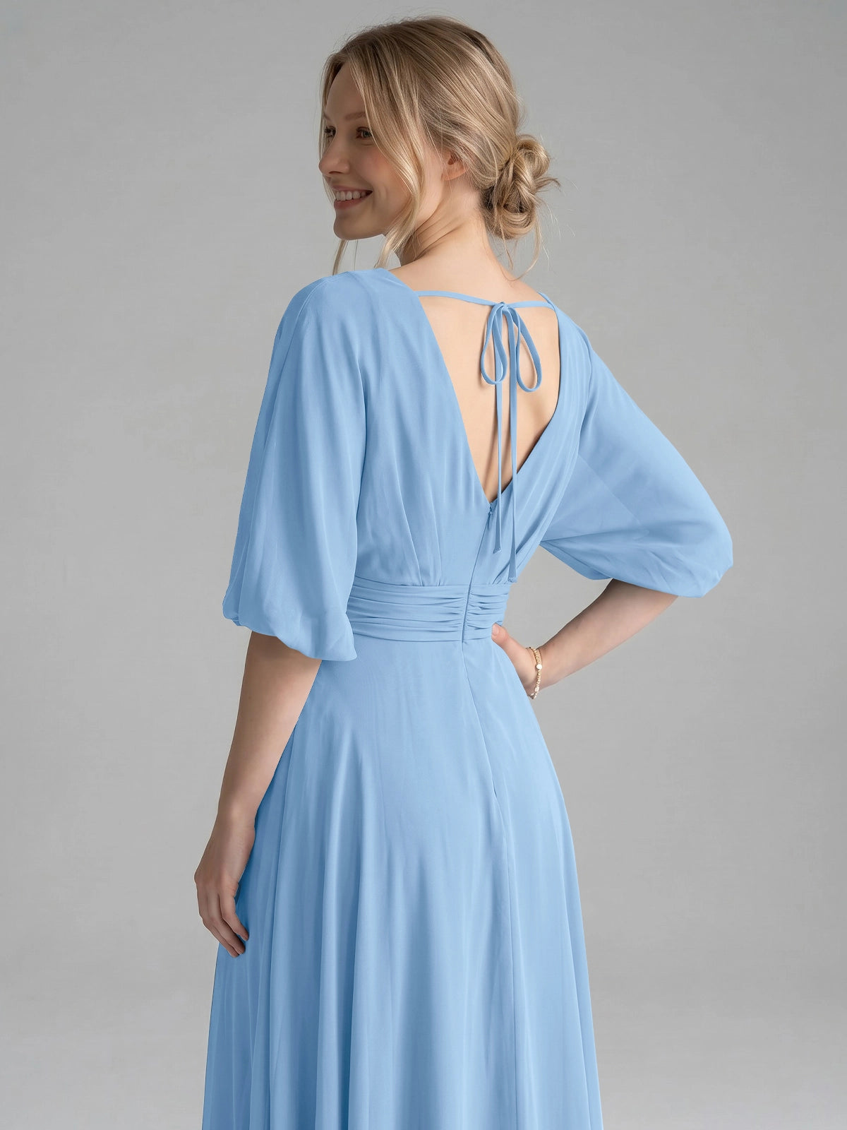 V-neck Slit Ruched Mother Dress 