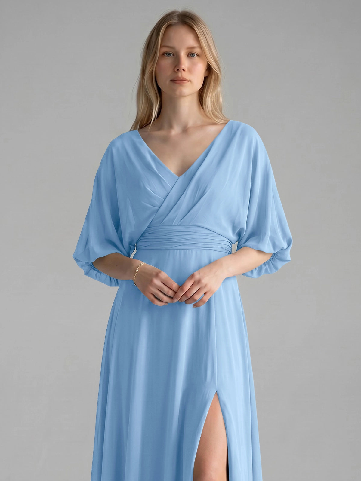 V-neck Slit Ruched Mother Dress 