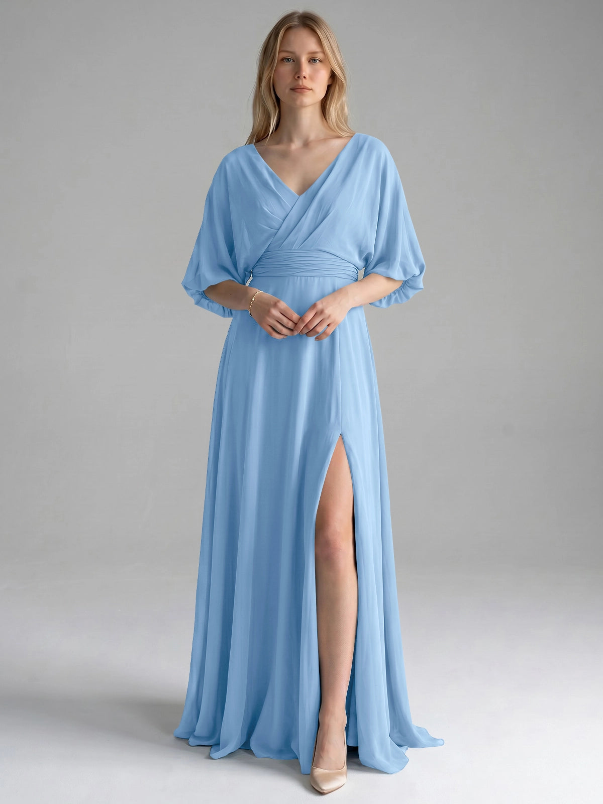 V-neck Slit Ruched Mother Dress 