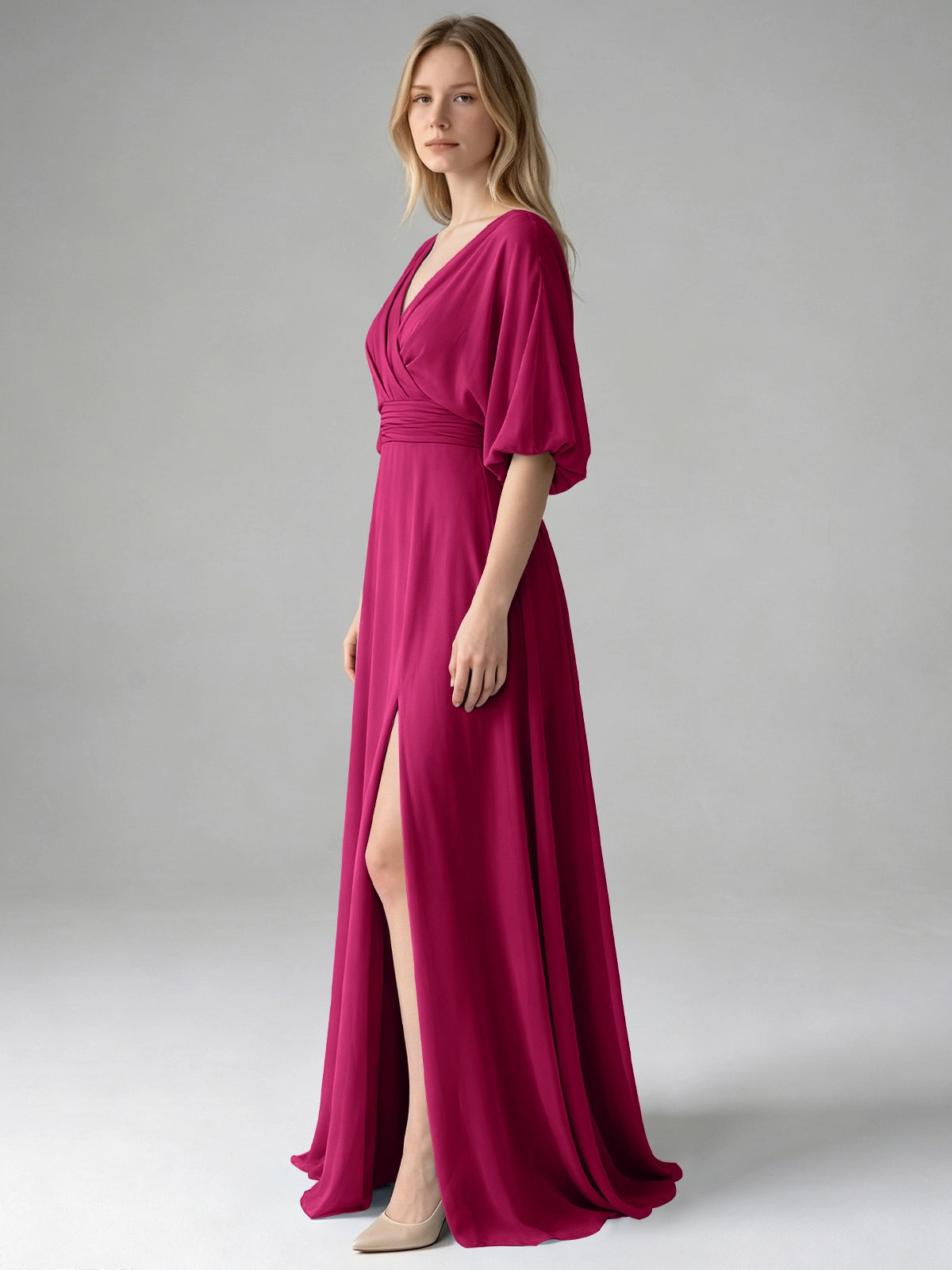 V-neck Slit Ruched Mother Dress 