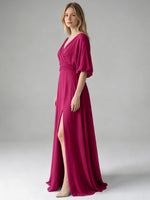 V-neck Slit Ruched Mother Dress 