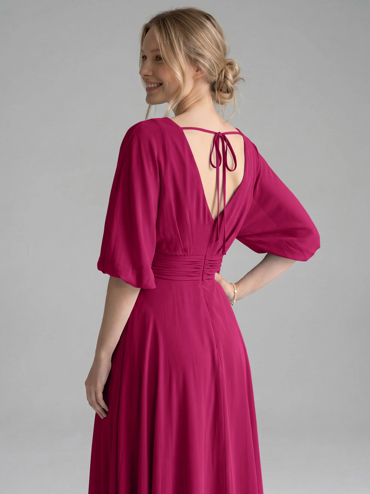V-neck Slit Ruched Mother Dress 