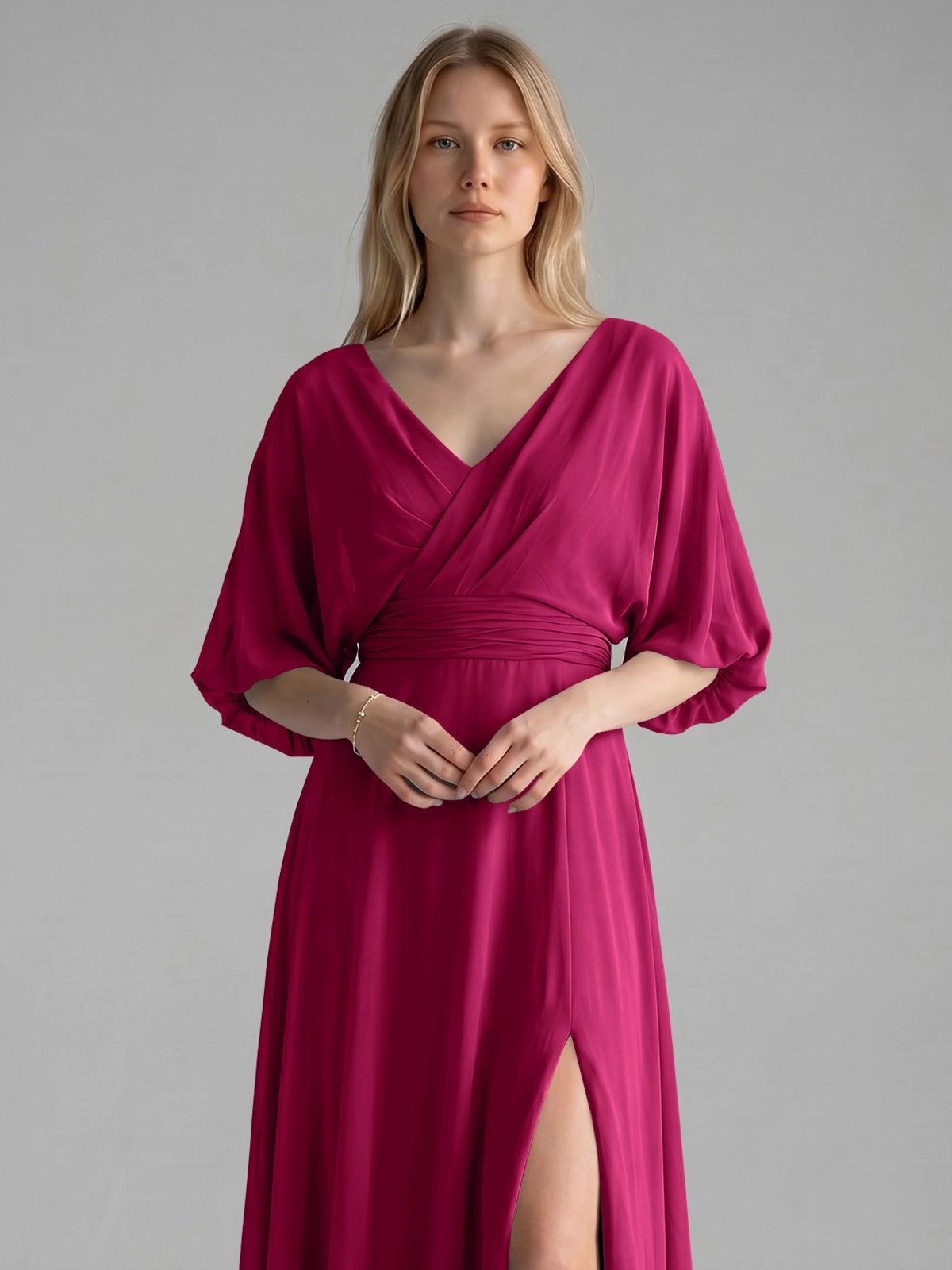 V-neck Slit Ruched Mother Dress 