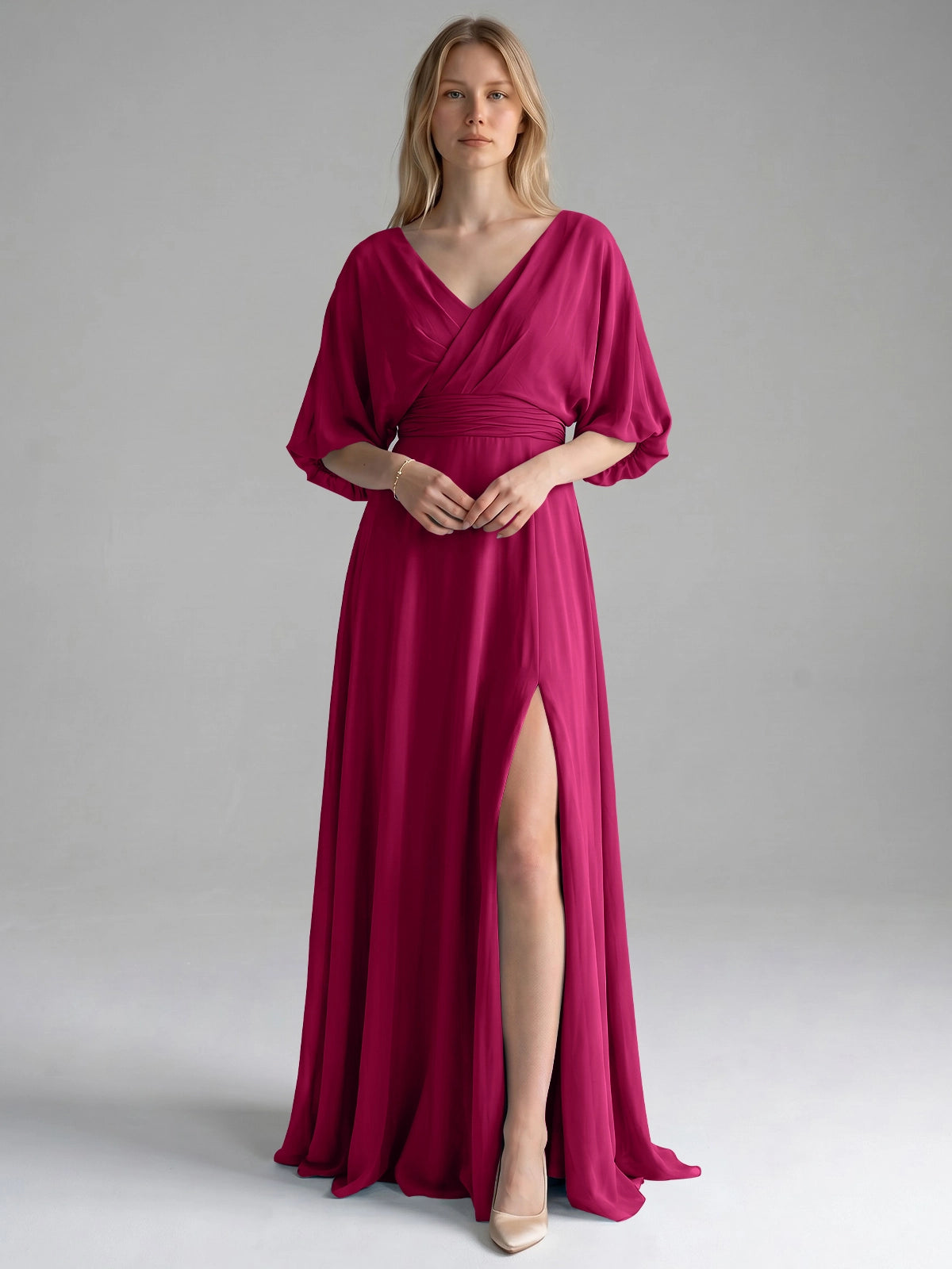 V-neck Slit Ruched Mother Dress 