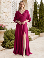 V-neck Slit Ruched Mother Dress 