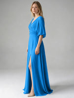 V-neck Slit Ruched Mother Dress 