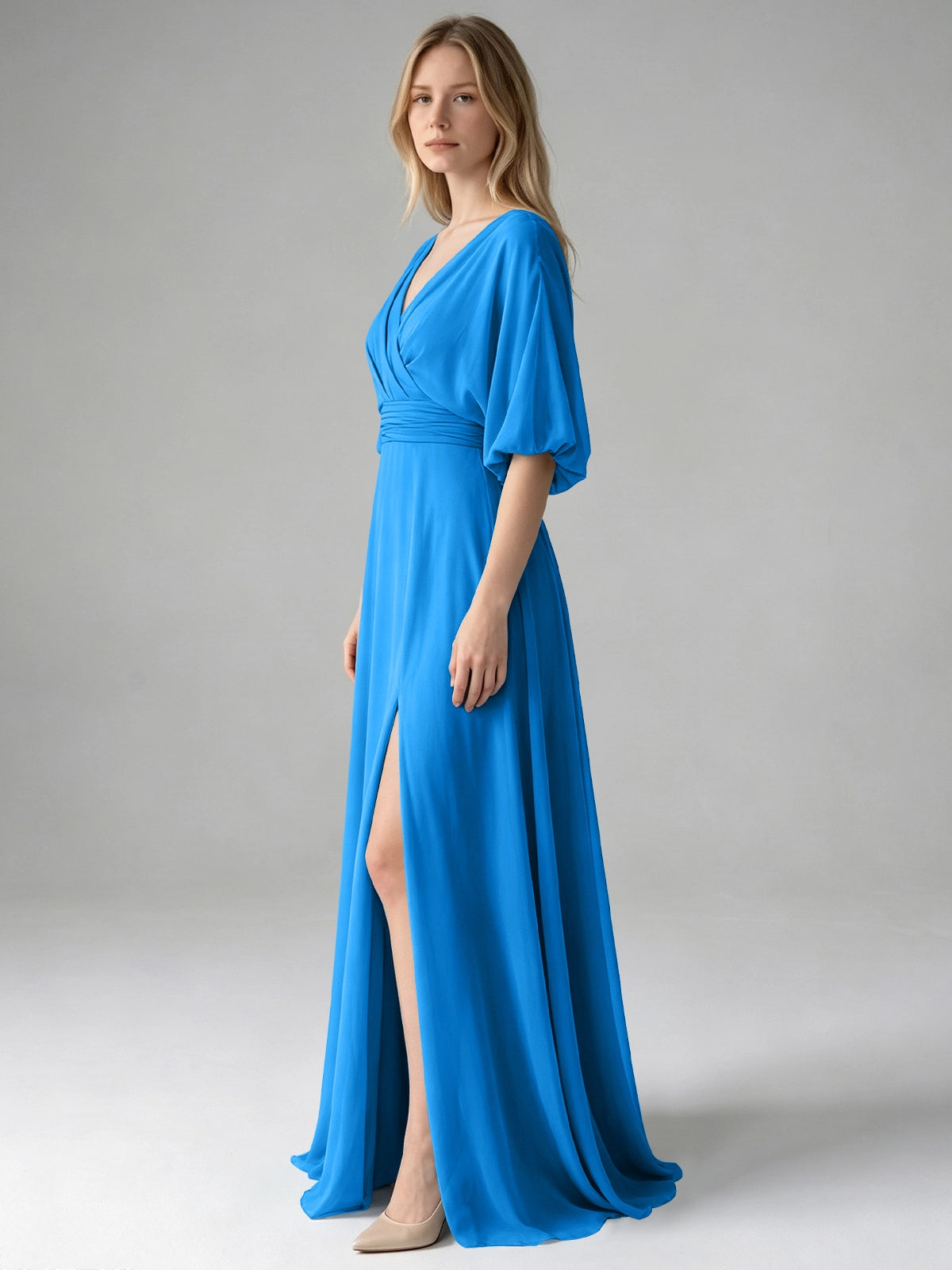 V-neck Slit Ruched Mother Dress 