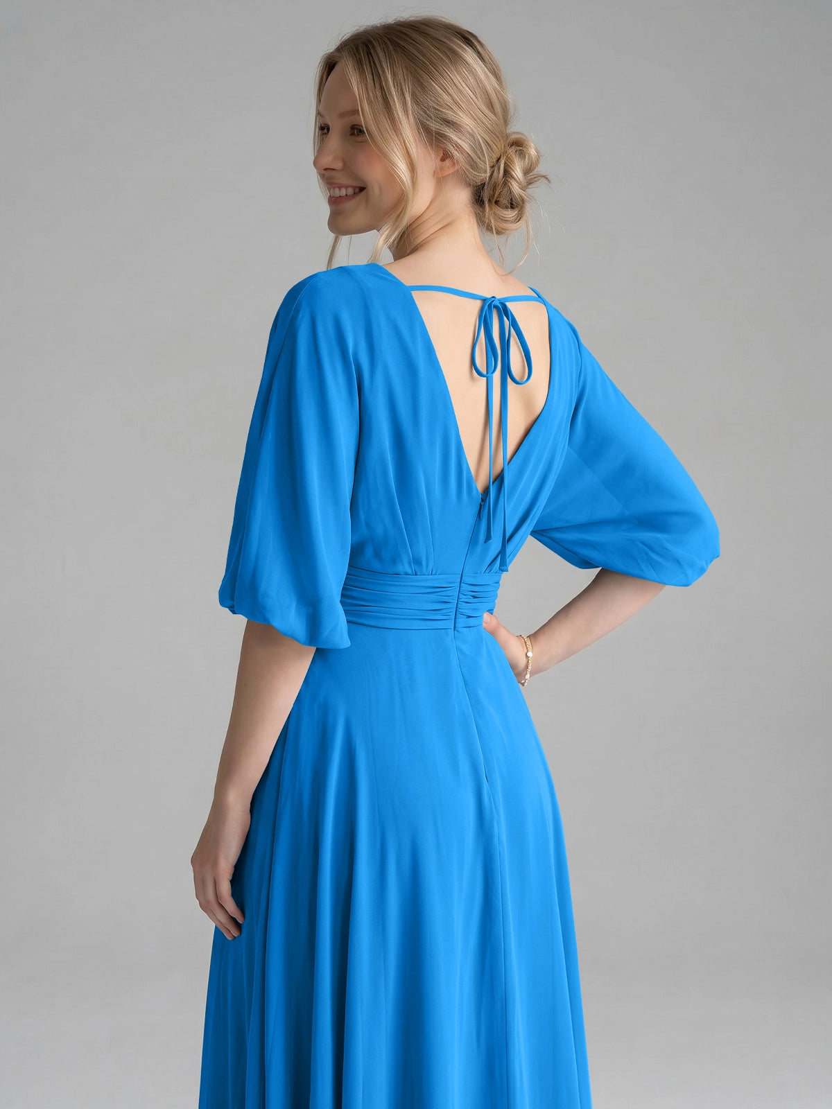 V-neck Slit Ruched Mother Dress 