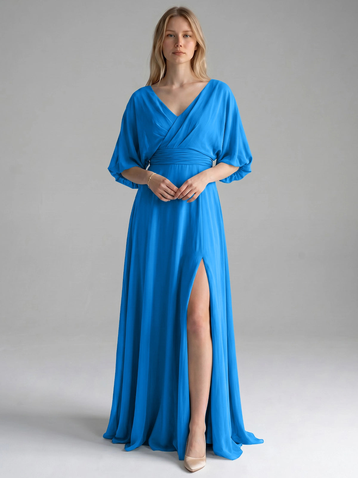 V-neck Slit Ruched Mother Dress 