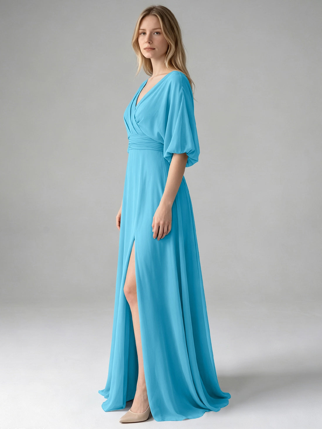V-neck Slit Ruched Mother Dress 