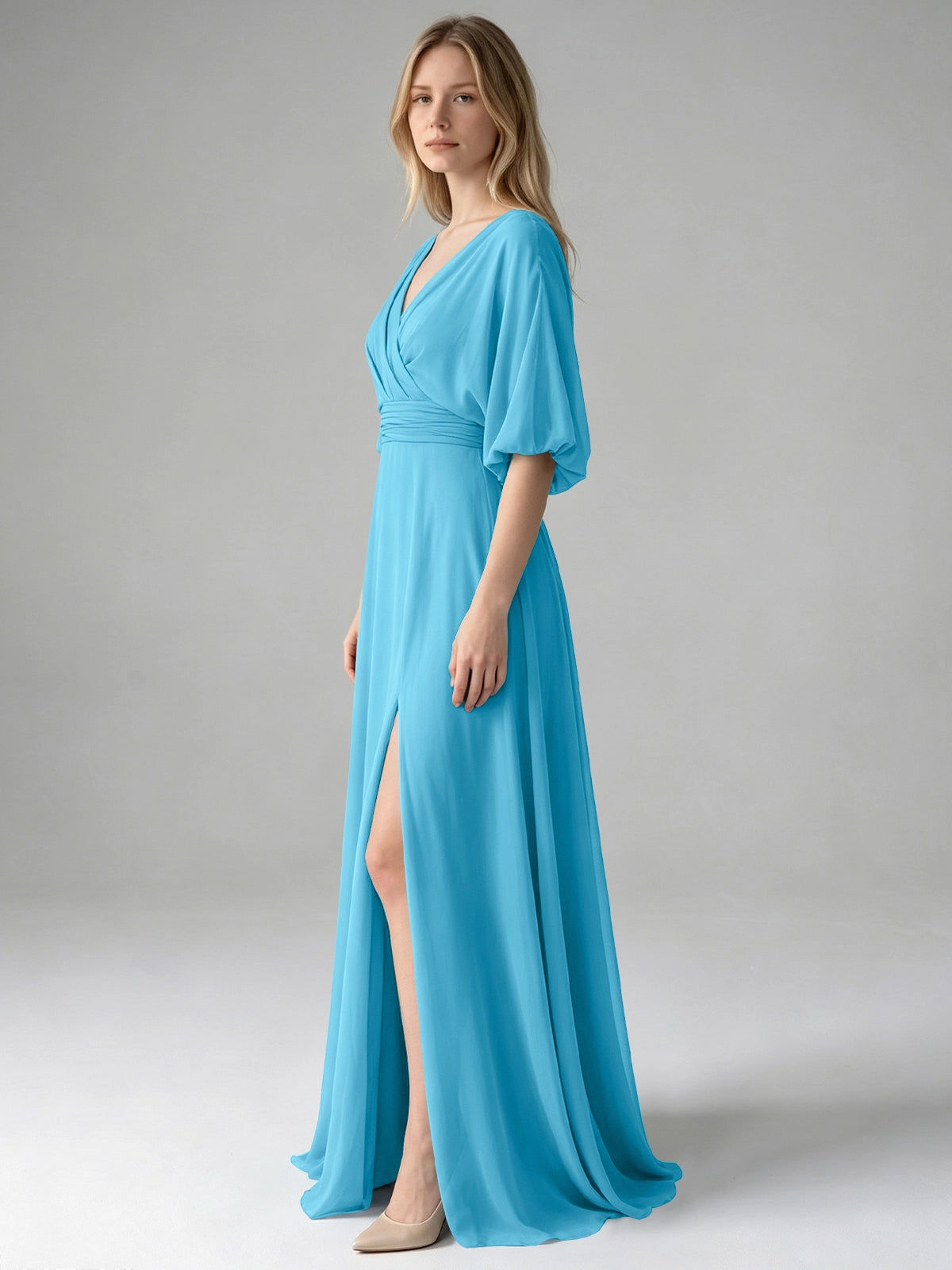V-neck Slit Ruched Mother Dress 