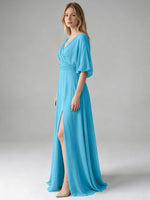 V-neck Slit Ruched Mother Dress 