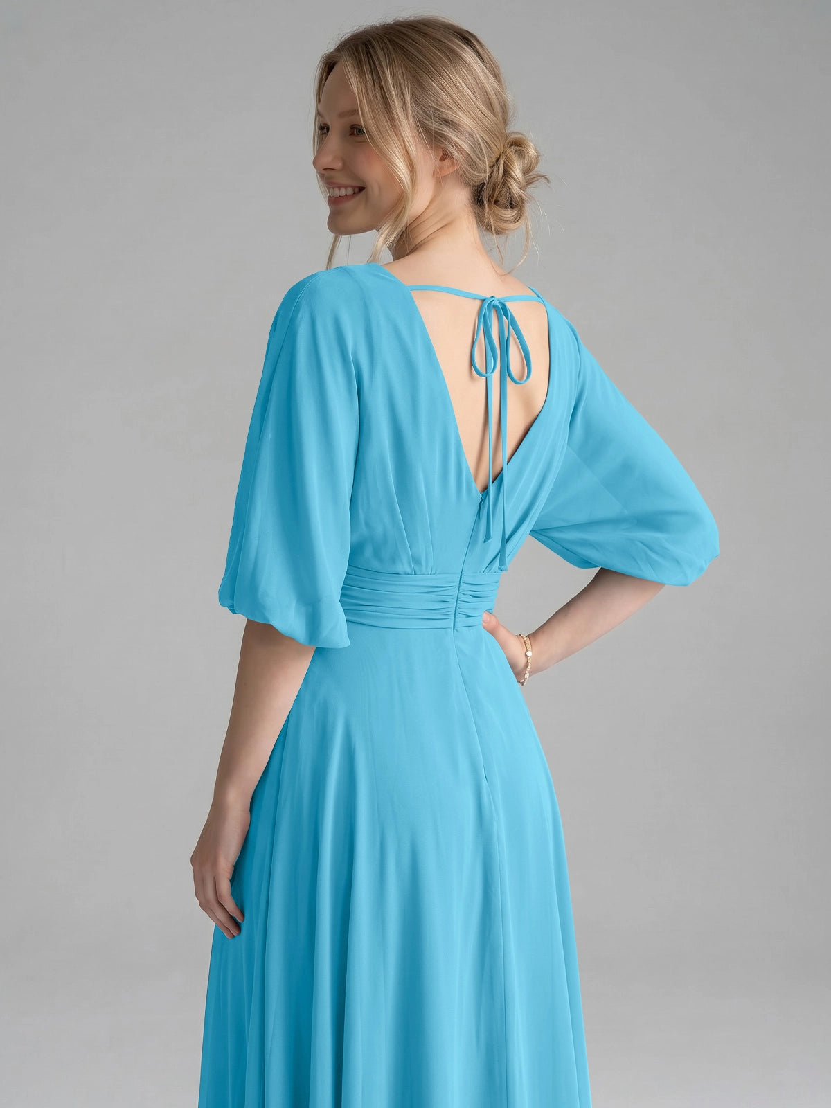 V-neck Slit Ruched Mother Dress 