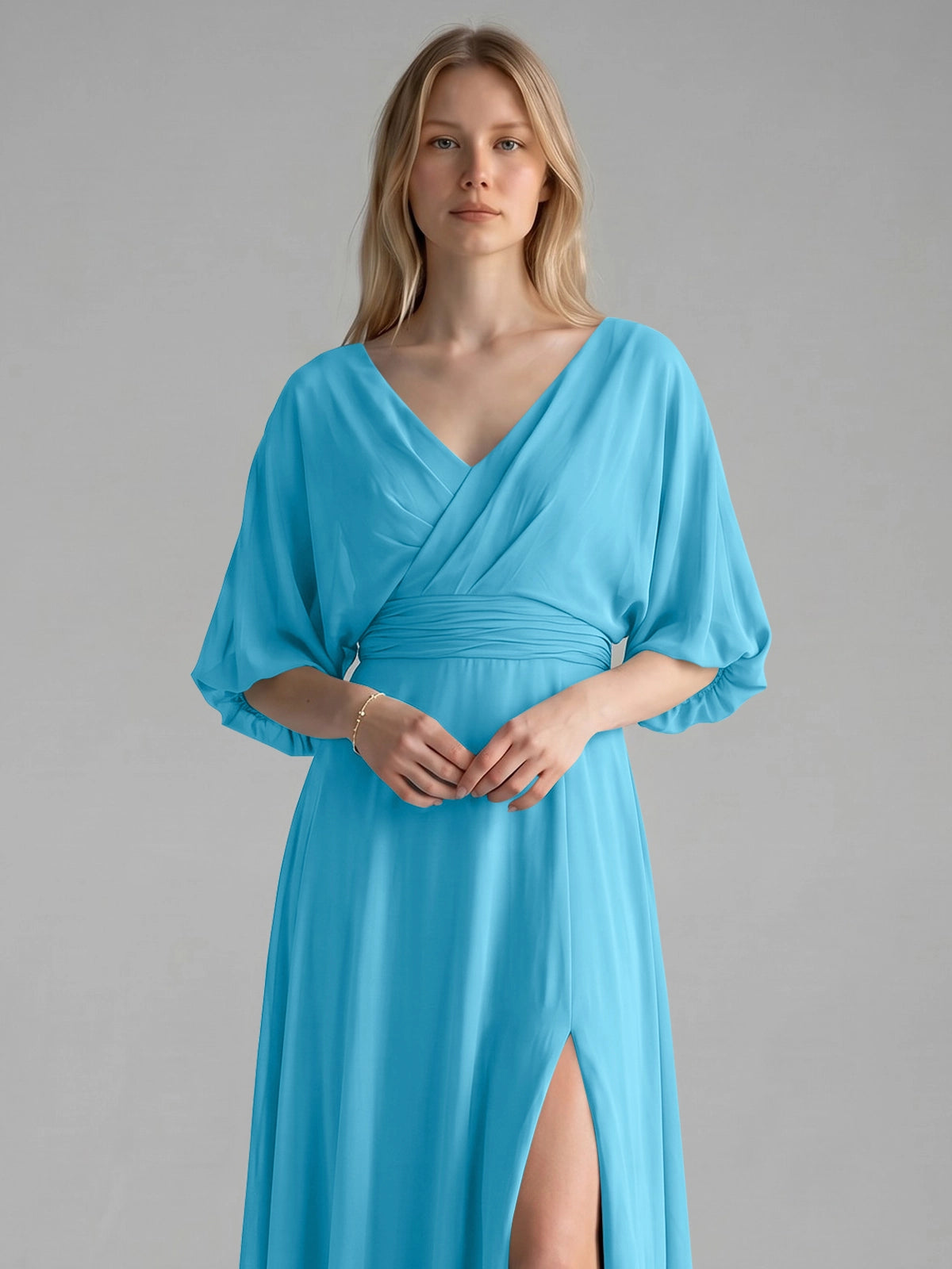 V-neck Slit Ruched Mother Dress 